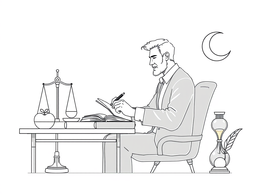 Illustration for Axiom One article, representing balance between health, wealth, and intentional living at Zabeti Life Academy Minimalist black-and-white line art of a thoughtful man writing at a desk, with scales, a crescent moon, and symbolic objects representing balance in health and wealth.
Title: